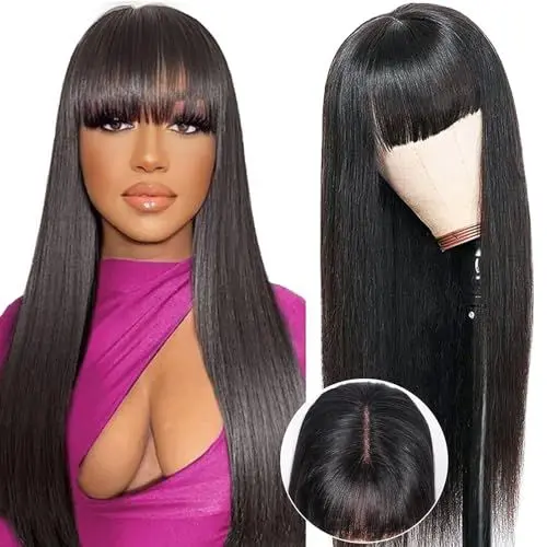 Produktbild: Perücke Damen Straight Human Hair Wig With Bangs, 2x4 Lace Front Wig Human Hair For Black Women, Wear And Go Glueless Wig Human Hair Echthaar Perücke Schwarz Mit Pony 180% Dichte 22 Zoll