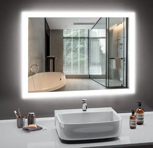 Produktbild: PESENXAN LED Badspiegel mit Beleuchtung, 45 x 60cm Wandspiegel Badezimmerspiegel Kaltweiß 6500K, Dimmbar, Touch-Schalter und Speicherfunktion, IP44 LED-Spiegel-Bad, Horizontal/Vertikal