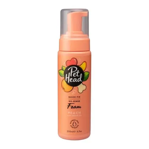 Produktbild: Pet Head Quick Fix Schaumshampoo ohne Ausspülen für Hunde | Pfirsichduft | Pflegt und beruhigt das Fell Ihres Hundes | Schnell und einfach zu bedienen | Sanfte Formel für Welpen | 200ml
