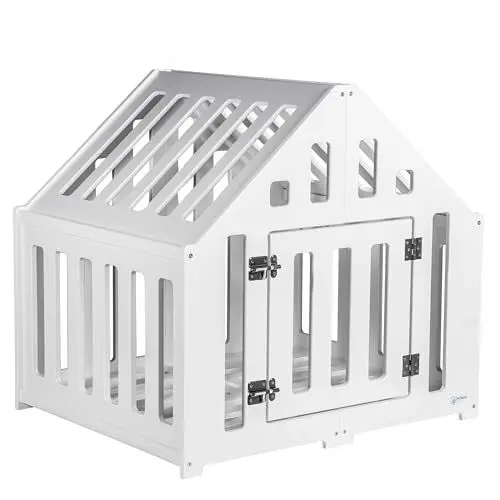 Produktbild: Pet World Design Hundehütte aus Holz, Hundekäfig Verschließbar, Tierhaus, Hundelaufstall, Hundehaus, Haustierbox, Hund, Katze, Indoor, Weiß
