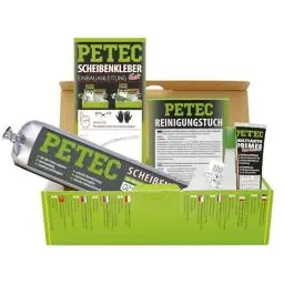 Produktbild: PETEC Auto Scheibenkleber Set Windschutzscheibe Reparaturset. 400 ml Scheiben Kleber Schlauchbeutel, Primer, Reinigungstuch, Einweg Handschuhe, 83433