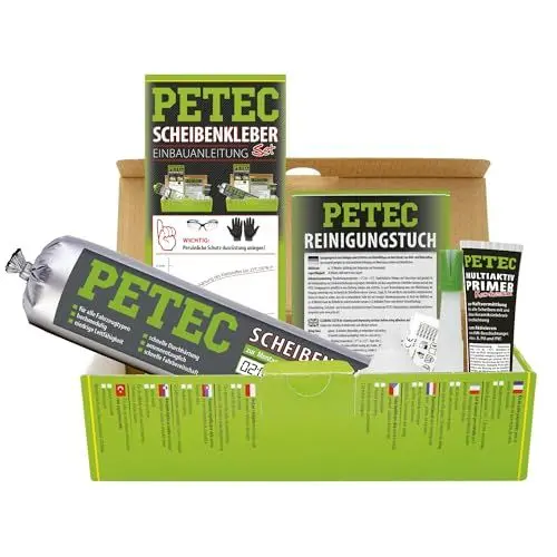 Produktbild: PETEC Auto Scheibenkleber Set Windschutzscheibe Reparaturset. 400 ml Scheiben Kleber Schlauchbeutel, Primer, Reinigungstuch, Einweg Handschuhe, 83433