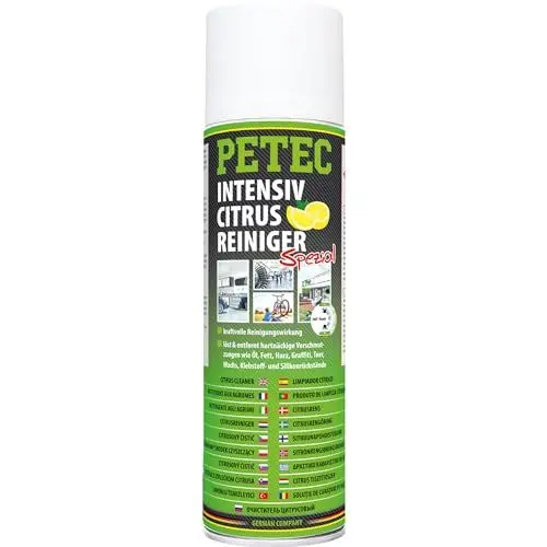 Produktbild: PETEC Intensiv Citrus Reiniger Klebereste Entferner Baumharzentferner Auto Allzweckreiniger Spray 500 ml. Universal Putzmittel Silikon entfernen Teerentferner Harzlöser Ölentferner Remover 72950