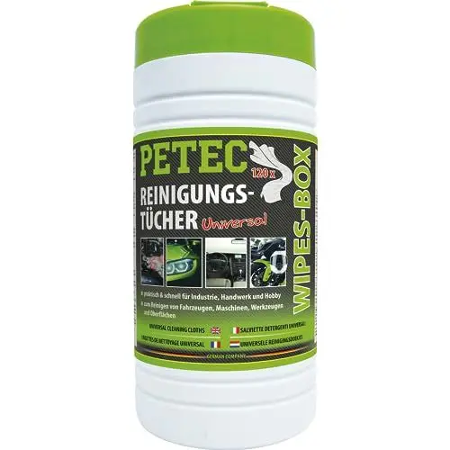 Produktbild: PETEC Reinigungstücher Wet Wipes 120 Feuchttücher Box Feuchte Allzwecktücher zur Reinigung von Auto, Cockpit, Display Putztücher Werkstatt 82120