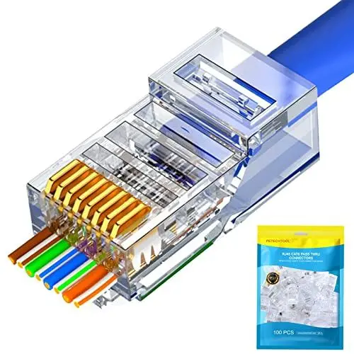 Produktbild: PETECHTOOL RJ45 Cat6 Cat5 Steckerenden, vergoldet, 8P8C Ethernet-Pass-Through-Stecker, 100 Stück