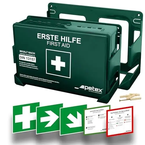 Produktbild: PETEX Betriebsverbandkasten Standard mit Inhalt nach neuer DIN 13157 inkl. praktischer Wandhalterung, 5x Aufkleber, Erste-Hilfe-Koffer, Verbandkasten in grün für Betrieb, Büro, Baustellen