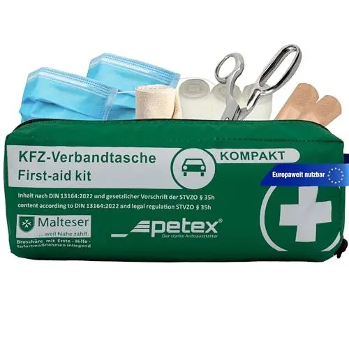 Produktbild: Petex Verbandtache KFZ-Verbandtasche, grün, kompakt, aktuelle Norm 2022, Inhalt nach DIN 13164:2022