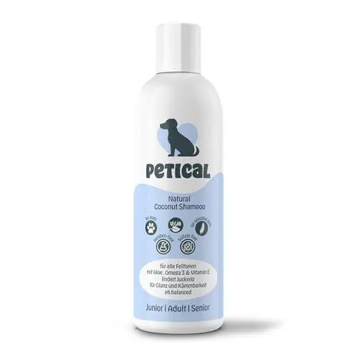 Produktbild: PETICAL Coconut Hundeshampoo I 100% vegan & ph-neutral, für alle Hunde & Fellarten, mit Aloe-Vera Omega 3 & Vitamin-E, gegen Juckreiz & Geruch, sanfte Welpen Hund Fellpflege Schampoo Hundeshampoos