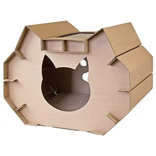 Produktbild: XXL Katzenhaus Katzenhöhle Katzennest Kratzmatte Haus aus Pappe Kartonhaus Spielhaus für Katzen mit Kratzpappe Kratzbrett Petigi Katzenmöbel Kratzmöbel Katzenpapphaus