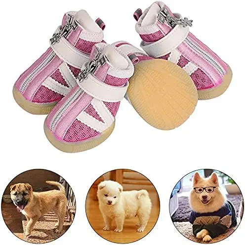 Produktbild: PETLOFT Hund Schuhe, Reflektierend rutschfest Dog Shoes 4pcs Welpenstiefel mit Einstellbar Verschlussriemen für Kleine Mittel Hunde, Pfoten Schützen Einfach anzuziehen Täglicher Gebrauch (M, Rosa)