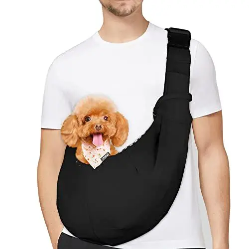 Produktbild: PetLoft Tragetuch Hund, Reversibel Kleine Hundetrage, Einstellbar Pet Tragetuch, Freisprecheinrichtung Cross-Body Carrier mit Halsband für Hund/Katze/Hase, Schwarz