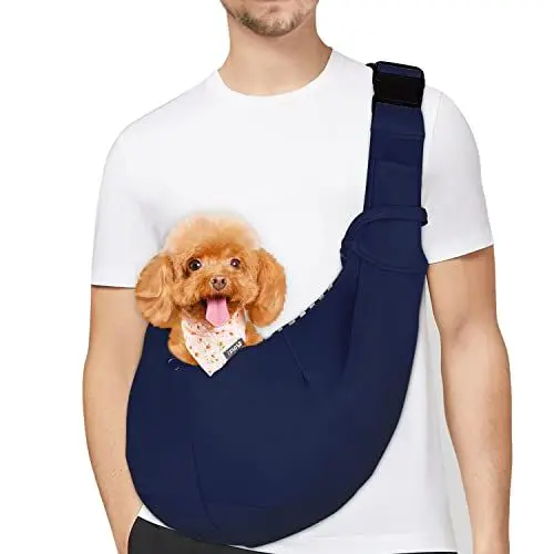 Produktbild: PetLoft Tragetuch Hund, Reversibel Kleine Hundetrage, Einstellbar Pet Tragetuch, Freisprecheinrichtung Cross-Body Carrier mit Halsband für Hund/Katze/Hase (Blau)