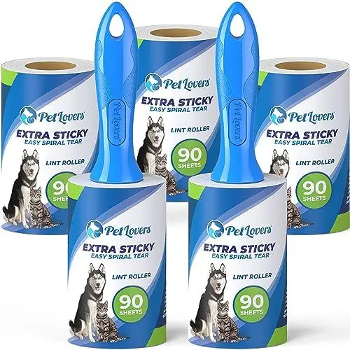 Produktbild: PetLovers Extra klebrige Fusselrolle Mega Value Set 450 Blatt für die Tierhaarentfernung Hunde- und Katzenfusselentfernung 5 Stück