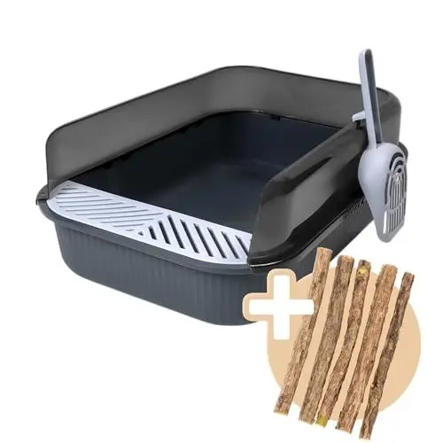 Produktbild: PETNEXT | (NEUEINFÜHRUNG) Offenes Katzenklo 50,5x34,5x18,5cm - Hoher Rand, frische Luft, Artgerecht, Streuschaufel & Gitter saubere Umgebung für kleine Katzen & Kitten + Matatabi Sticks