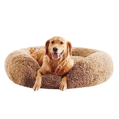 Produktbild: PETORREY Beruhigendes Hundebett Katzenbett, rund Donut-Hundebett für kleine Hunde, gemütliches, wärmendes Haustierbett, Anti-Angst, flauschig, ultraweich, maschinenwaschbar (Braun86CM)