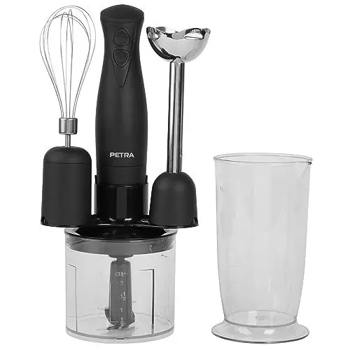 Produktbild: Petra PT2827BMBLKVDE 3-in-1 Mixer – BPA-freie Anbauteile, 500ml-Schüssel, 700ml-Becher, Schneebesen, Mixen, Zerkleinern, 2 Geschwindigkeiten, Edelstahlklingen, für Babynahrung, Smoothies, Saucen, 350W