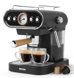 Produktbild: Petra PT5108VDEEU7 3-in-1 1.2L Kaffeemaschine - BPA-Frei Esspressomaschine Mit Milchaufschäumer, Geeignet Für 30/54mm Kapseln, Filterkaffee & Gemahlenem Kaffee, 1050W, 19 Bar Italienische Pumpe