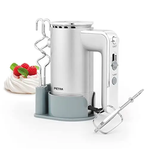Produktbild: Petra Handmixer 300W, Handrührgerät mit 5 Geschwindigkeiten, Rührgerät mit Turbo Funktion, Elektrischer Schneebesen mit Knethaken & Rührbesen, Aufbewahrungshalterung