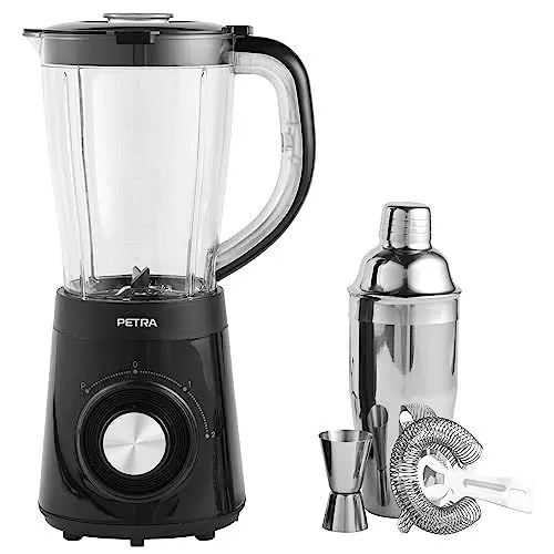 Produktbild: Petra PT5619VDE Cocktailmixer-Set - Standmixer mit Cocktailshaker, Zubehör, 2 Geschwindigkeiten & Pulse-Funktion, Edelstahlklinge, Sperren/Entsperren, Herstellung von Punches/Smoothies, 1,5L, 500W