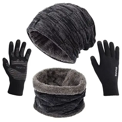 Produktbild: Petrunup 3Pcs Beanie Mütze Halswärmer und Touchscreen Handschuhe Set Herren Damen, Winter Skull Cap Schal Handschuh, Dunkelgrau