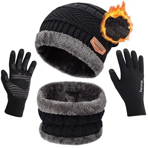 Produktbild: Petrunup Hat Circle Schal und Handschuhe Set Herren Damen Touchscreen Handschuhe Nackenwärmer Slouch Mütze Schwarz