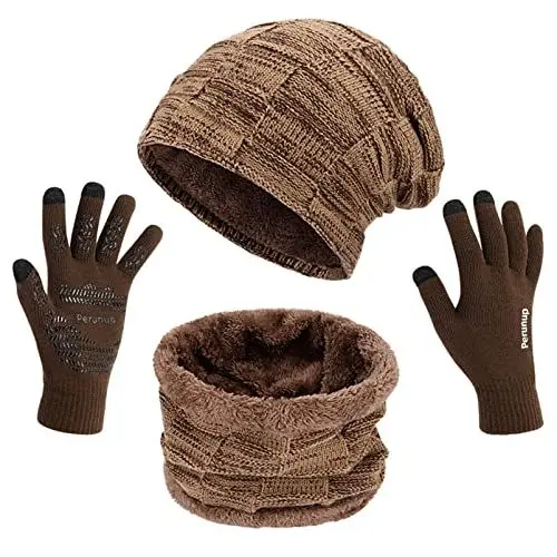 Produktbild: Petrunup Warm Slouch Beanie Halswärmer und Handschuhe Strick Set, Ski Mütze Schal und Handschuhe Touchscreen Winter, Khaki