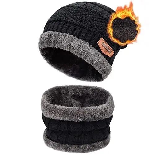 Produktbild: Petrunup Winter Strick Beany Beanie Hat Set + Fleece gefüttert Halswärmer Schal für Männer schwarz
