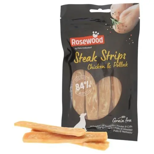 Produktbild: Rosewood Steak Strips - Hähnchen & Kabeljau Steakstreifen - Weiche Leckerlis für Hunde, Hoher Fleisch-/Fischanteil, Fettarm, Ohne Getreide & Gluten, Keine Künstlichen Zusätze, 100 g