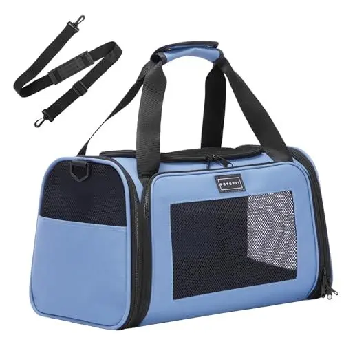 Produktbild: Petsfit Transportbox Katze kleine Hunde leicht Hundetasche Flugzeug für kleine Hunde Katzen Transporttasche Hundetragetasche,Tragetasche Hund Flugtasche mit Schutzgurt & erweiterbare Matte, S/Blau