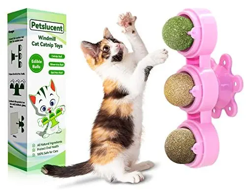 Produktbild: Petslucent 3in1 Katzenminze Ball für Katzen, Windmühle Drehbares Katzen Leckerli Spielzeug, Interaktives Necken Katzenspielzeug für die Zahnreinigung von Innenkatzen (Rosa)