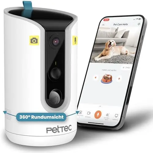 Produktbild: PETTEC® Haustierkamera 360° und automatischer Futterspender mit Leckerliauswurf - via App & Multitaste - Bell-Erkennung - 3MP Nachtsichtfunktion - Hundekamera & Katzenkamera