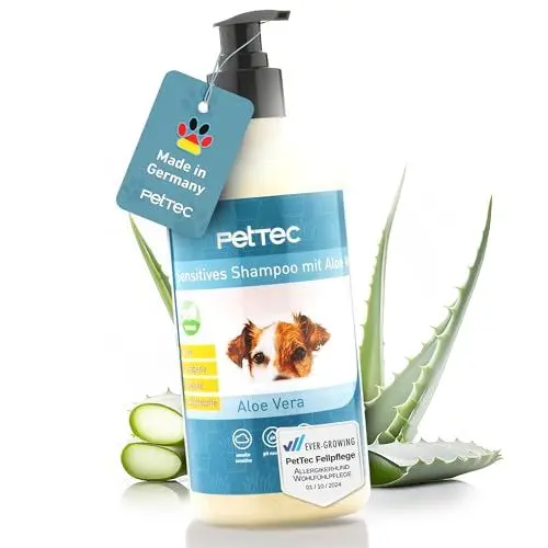 Produktbild: PetTec® - Hundeshampoo sensitiv mit Aloe Vera 500ml Pumpflasche - pH neutrales (7) & rückfettendes Shampoo für alle Hunderassen - Fellpflege Hund Paraben-, Silikon- & Duftstofffrei - Dog shampoo vegan