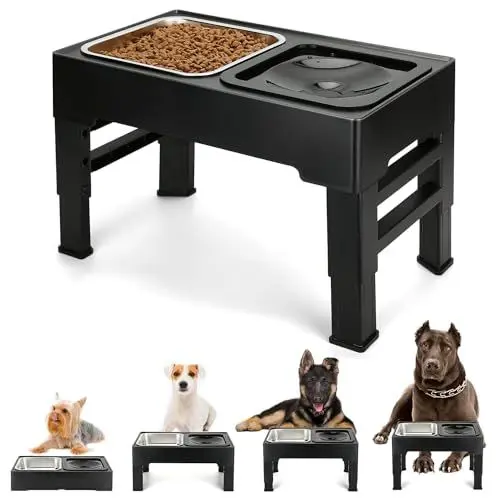 Produktbild: PETTOM Erhöhter Hundenapf (2 x 1.6L), 4 Höhenverstellbar Napfständer mit Hundenapf Edelstahl und Auslaufsicher Trinknapf, Faltbarer und Rutschfester Fressnapf Hund Erhöht für großen kleinen Hunde