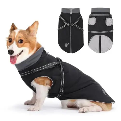 Produktbild: PETTOM Hundemantel Wasserdicht Mit Geschirr, Winter Warm Fleece Winterjacke für Große Mittelgroße Hunde (Schwarz, 2XL)