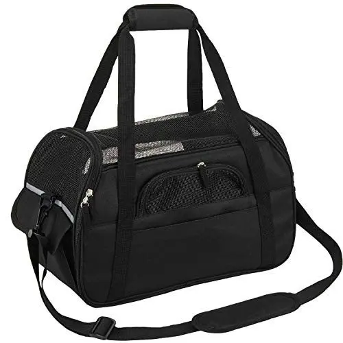 Produktbild: PETTOM Transportbox für Hunde und Katzen, faltbar, wasserdicht, mit Schultergurt, weich gepolstert, für Reisen im Flugzeug, Auto oder Zug, für Haustiere (Schwarz, L: 47 * 23 * 28 cm)