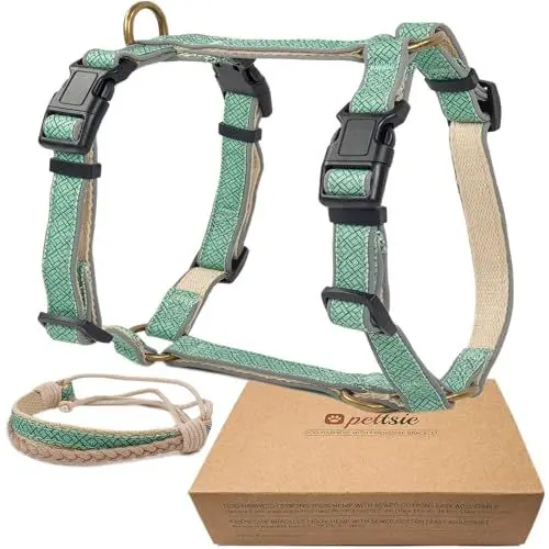Produktbild: Pettsie No-Pull Hundegeschirr, reflektierend, 4 verstellbare Riemen, einfache Kontrolle mit 2 Leinenclips, passendes Freundschaftsarmband, weicher Hanf für empfindliche Haut, L, Türkis