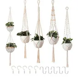 Produktbild: Petutu 5er Set Makramee Blumenampel, Boho Deko Baumwollseil Hängeampel Blumentopf Pflanzen Halter Aufhänger für Innen Außen Decken Balkone Wanddekoration (Beige)