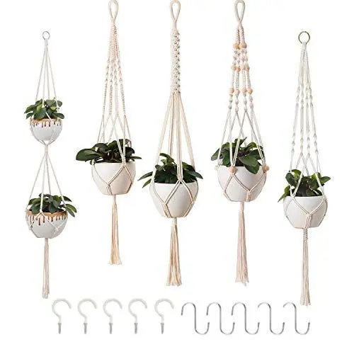 Produktbild: Petutu 5er Set Makramee Blumenampel, Boho Deko Baumwollseil Hängeampel Blumentopf Pflanzen Halter Aufhänger für Innen Außen Decken Balkone Wanddekoration (Beige)
