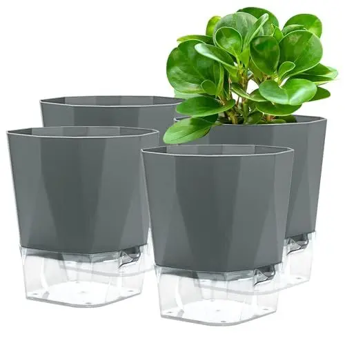 Produktbild: Petutu Kräutertopf - 4er Set Selbstbewässernde Fensterbank Blumentöpfe für die Outdoor Küche, Perfekter Kräutergarten für Frische Küchenkräuter, 18X10.5X17cm, Grau