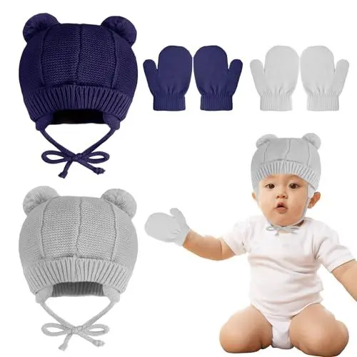 Produktbild: PEUTIER 2 Sets Wintermütze Handschuhset für Kleinkinder, Warme Baby-Strickmützen und Fleece-Fäustlinge Elastisches Weiches Neugeborenes-Thermozubehör für Mädchen Jungen Outdoor (Marineblau, Grau)
