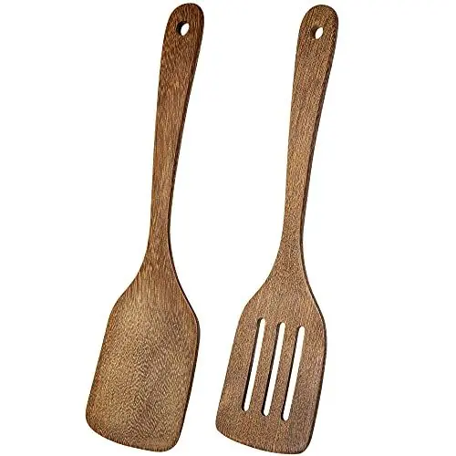 Produktbild: Pfannenwender Holz, 2er Set Geschlitzt Pfannenwender aus Holz Küchenhelfer, 30cm Groß Holz Spatel Kochgeschirr Turner Antihaft Spülmaschinenfest zum Kochen