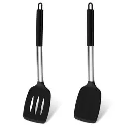 Produktbild: Pfannenwender, Homikit Silikon Küchenhelfer Küchenutensilien mit Edelstahlgriff, Hitzebeständig Geschlitzt Schwarz Pfannenwender Spatel Kochbesteck 2er Set zum Kochen Backen Wenden, Spülmaschinenfest