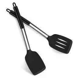 Produktbild: Pfannenwender, Joyfair 2 Stück Silikon Küchenhelfer Spatel Set, Pfannenwender Set mit Griff aus Edelstahl, Hitzebeständig Küchenutensilien für Kochen/Backen/Wenden, Spülmaschinenfest - Schwarz