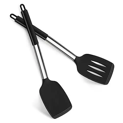 Produktbild: Pfannenwender, Joyfair 2 Stück Silikon Küchenhelfer Spatel Set, Pfannenwender Set mit Griff aus Edelstahl, Hitzebeständig Küchenutensilien für Kochen/Backen/Wenden, Spülmaschinenfest - Schwarz