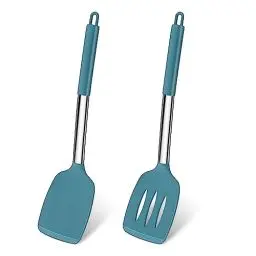 Produktbild: Pfannenwender, Joyfair 2 Stück Silikon Küchenhelfer Spatel Set, Pfannenwender Set mit Griff aus Edelstahl, Hitzebeständig Küchenutensilien für Kochen/Backen/Wenden, Spülmaschinenfest - Grau