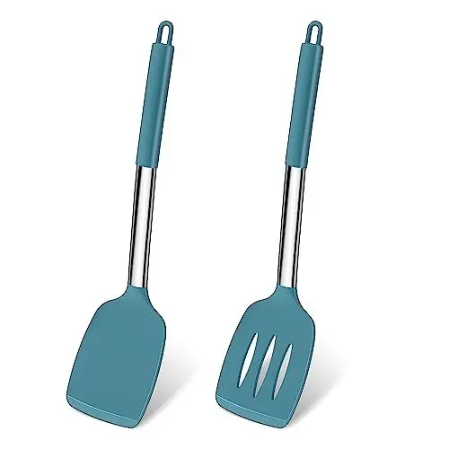 Produktbild: Pfannenwender, Joyfair 2 Stück Silikon Küchenhelfer Spatel Set, Pfannenwender Set mit Griff aus Edelstahl, Hitzebeständig Küchenutensilien für Kochen/Backen/Wenden, Spülmaschinenfest - Grau
