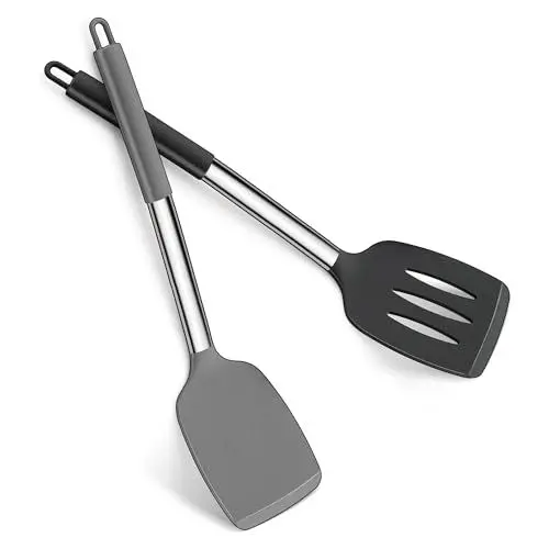 Produktbild: Pfannenwender, Joyfair 2 Stück Silikon Küchenhelfer Spatel Set, Pfannenwender Set mit Griff aus Edelstahl, Hitzebeständig Küchenutensilien Set für Kochen & Wenden, Spülmaschinenfest - Schwarz & Grau