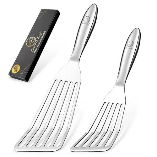 Produktbild: Pfannenwender Set aus rostfreiem Edelstahl für Fisch & Fleisch - Kleiner & Großer Pfannkuchenwender - Pfannenwender Edelstahl - Küchenhelfer 5 Jahre Ersatz