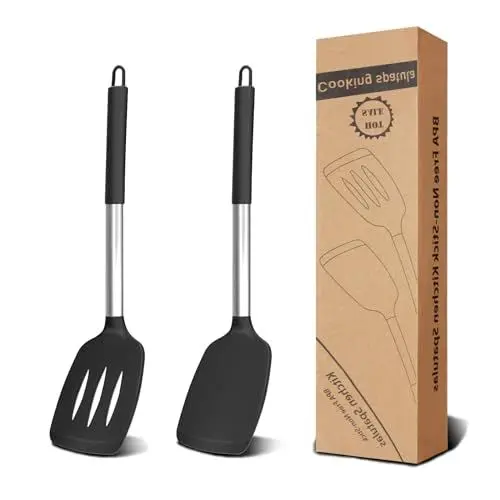 Produktbild: Pfannenwender Silikon, 2 Stück Silikon Küchenhelfer Set, Hitzebeständiger Pfannenwender Kunststoff BPA-frei, Silikon Spatel Küche Anzug, Schwarz Küchenhelfer Antihaft Spachtel zum Kochen