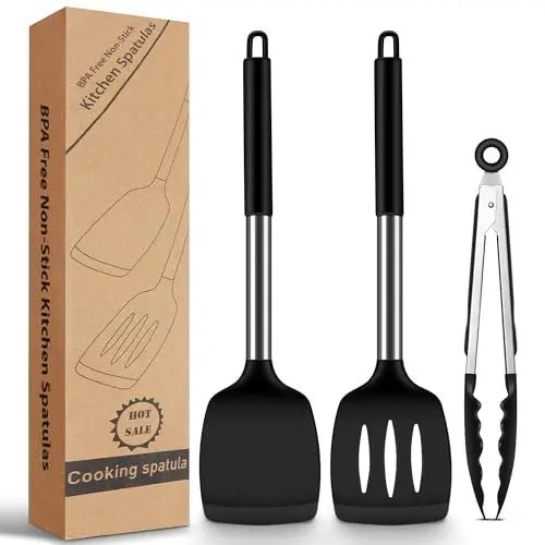 Produktbild: Pfannenwender Silikon, 2 Stück Silikon Spatel Küche + 1 Küchenzange Anzug, Hitzebeständiger Silikon Küchenhelfer BPA-frei, Schwarz Küchenhelfer Antihaft Spachtel zum Kochen